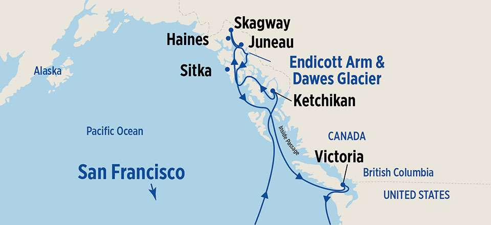 Map of cruise route for inside passage from San Francisco cruises - refer to the page below and the Cruise Details page for a list of port names