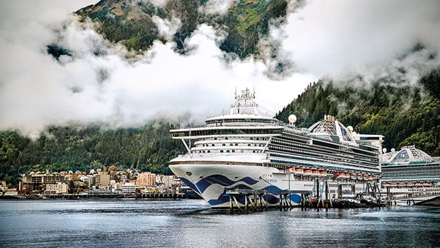 A Princess Cruise Ship docked in an Alaska port of call.