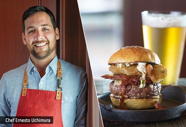 Chef Ernesto Uchimura. A burger and beer.