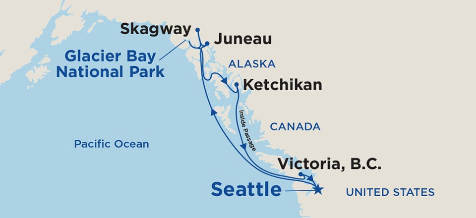 Map of cruise route for round trip seattle cruises - refer to the page below and the Cruise Details page for a list of port names
