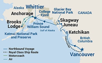 Map shows port stops for Voyage of the Glaciers (Northbound). For more details, refer to the List of Port Stops table on this page.