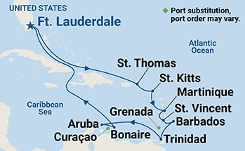 Map shows port stops for Circle Caribbean. For more details, refer to the List of Port Stops table on this page