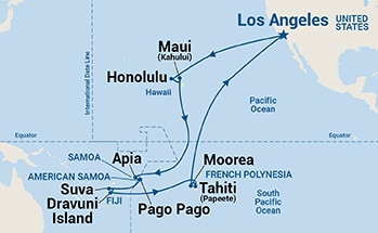Map shows port stops for South Pacific Islands & Hawaii. For more details, refer to the List of Port Stops table on this page.