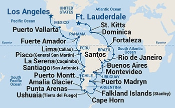 Map shows port stops for South America Grand Adventure. For more details, refer to the List of Port Stops table on this page.