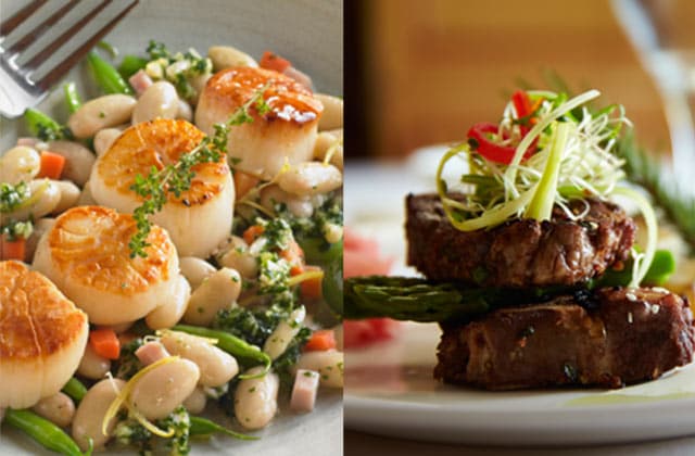 Pan-seared scallops over a bed of beans; steak medallions garnished with green vegetables