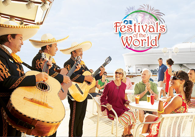 Festivals of the World logo; Mariachi band playing guitars on deck for 4 guests sitting around a table with drinks